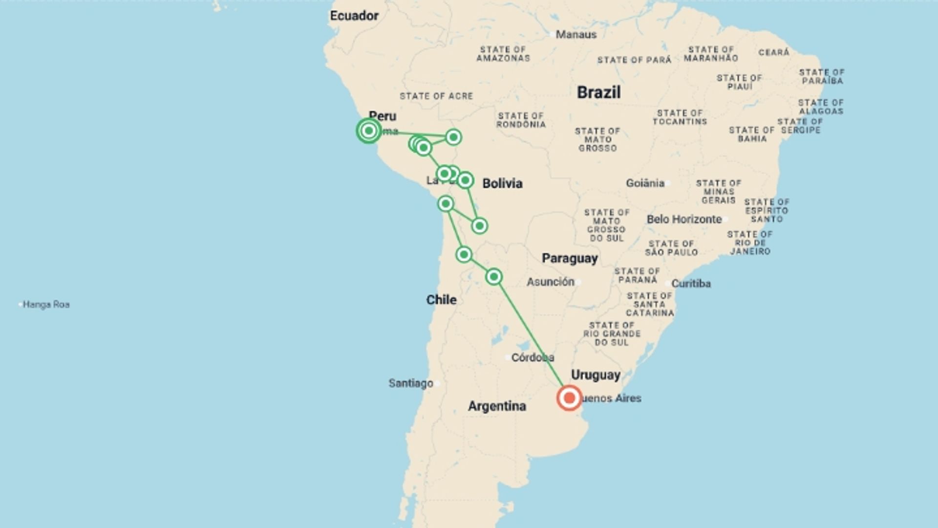 A map showing the tour itinerary for the trip: Epic Peru, Bolivia & Argentina, starting in Lima, Peru and ending in Buenos Aires, Argentina going through 12 other destinations.