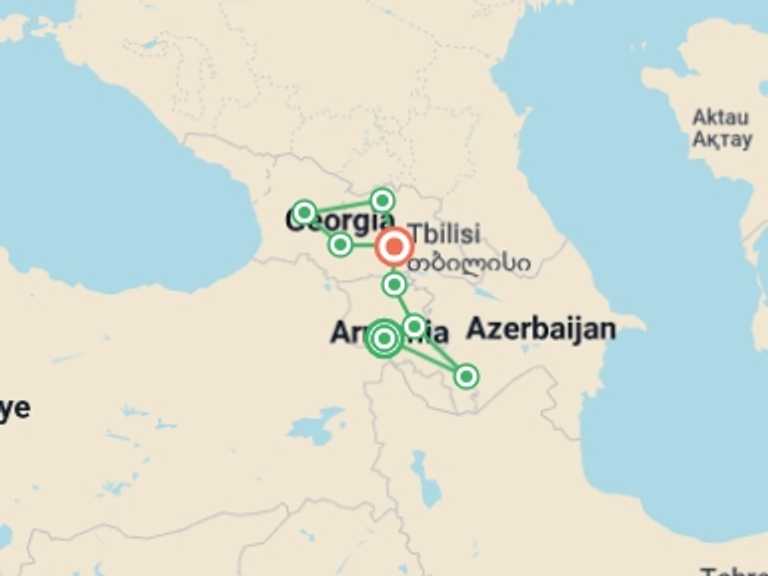Map of Europe Trekking and Hiking Tour with 8 destination visits for the trip: Highlights of Armenia & Georgia