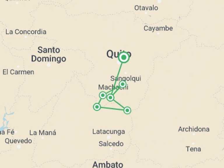 Map of a Climbing Tour with 7 destination visits for the trip: Cotopaxi Llama Express