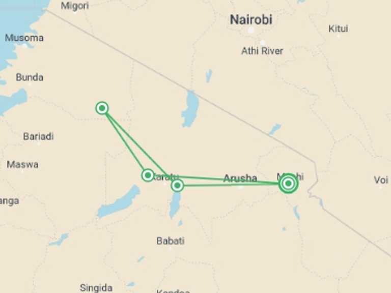 Map itinerary of Tanzania Tour in April 2027 with 5 destination visits for the trip: 4 Days Safari - Manyara, Ngorongoro and Serengeti