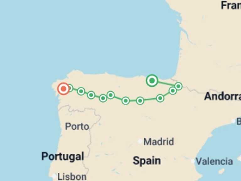 Map of Spain Tour with 14 destination visits for the trip: Best of the Spanish Camino