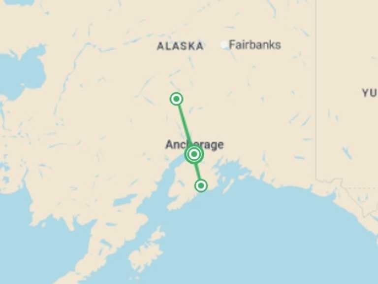 Map itinerary of North America Tour in Summer with 3 destination visits for the trip: Alaska Hike, Bike & Kayak