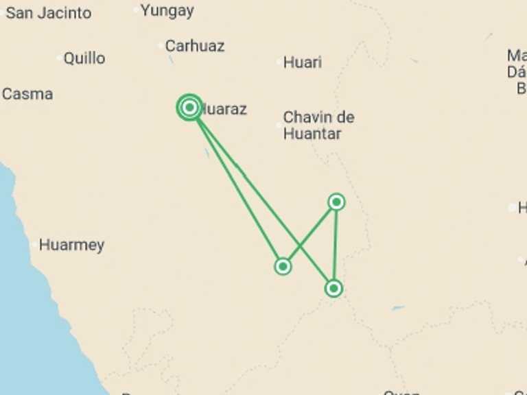 Map of a Bicycle Tour with 3 destination visits for the trip: Huayhuash Express 6D/5N