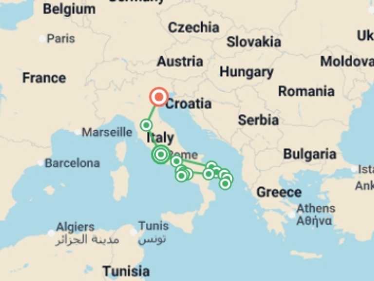 Map of Naples City sightseeing Tour with 7 destination visits for the trip: Rome, Puglia and Campania With Northern Italy End Venice