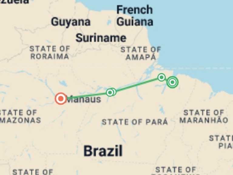 Map of Manaus Explorer Tour with 6 destination visits for the trip: Brazilian Amazon by Boat