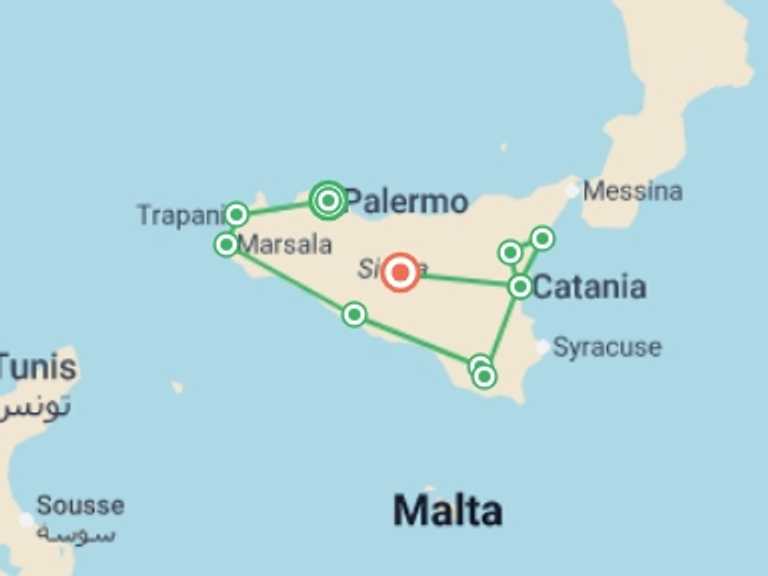 Map itinerary of Europe Tour in Winter with 8 destination visits for the trip: Sicily in Depth