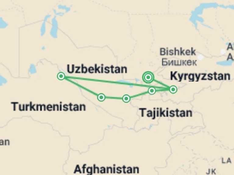 Map itinerary of Asia Tour in September 2026 with 6 destination visits for the trip: Tamerlane's Empire