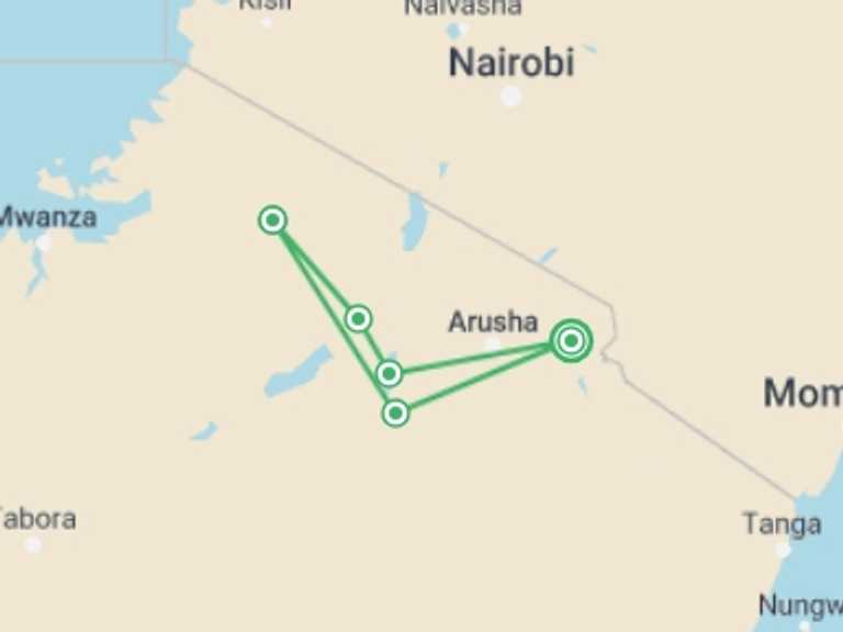 Map of Ngorongoro Crater Tour with 6 destination visits for the trip: 6 Days Safari - Tarangire,Serengeti,Ngorongoro & Manyara