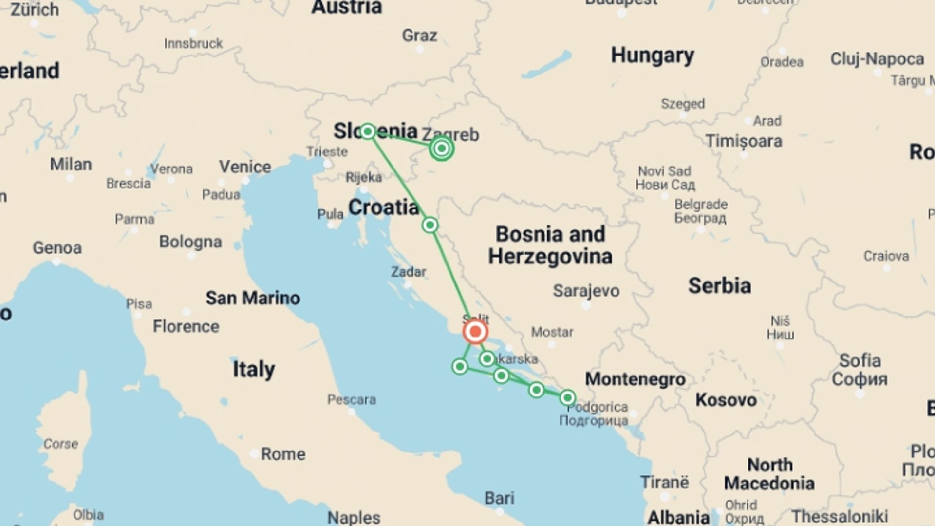 A map showing the tour itinerary for the trip: Discover Croatia & Slovenia By Land And Sea (multi Country), starting in Zagreb, Croatia and ending in Split, Croatia going through 7 other destinations.