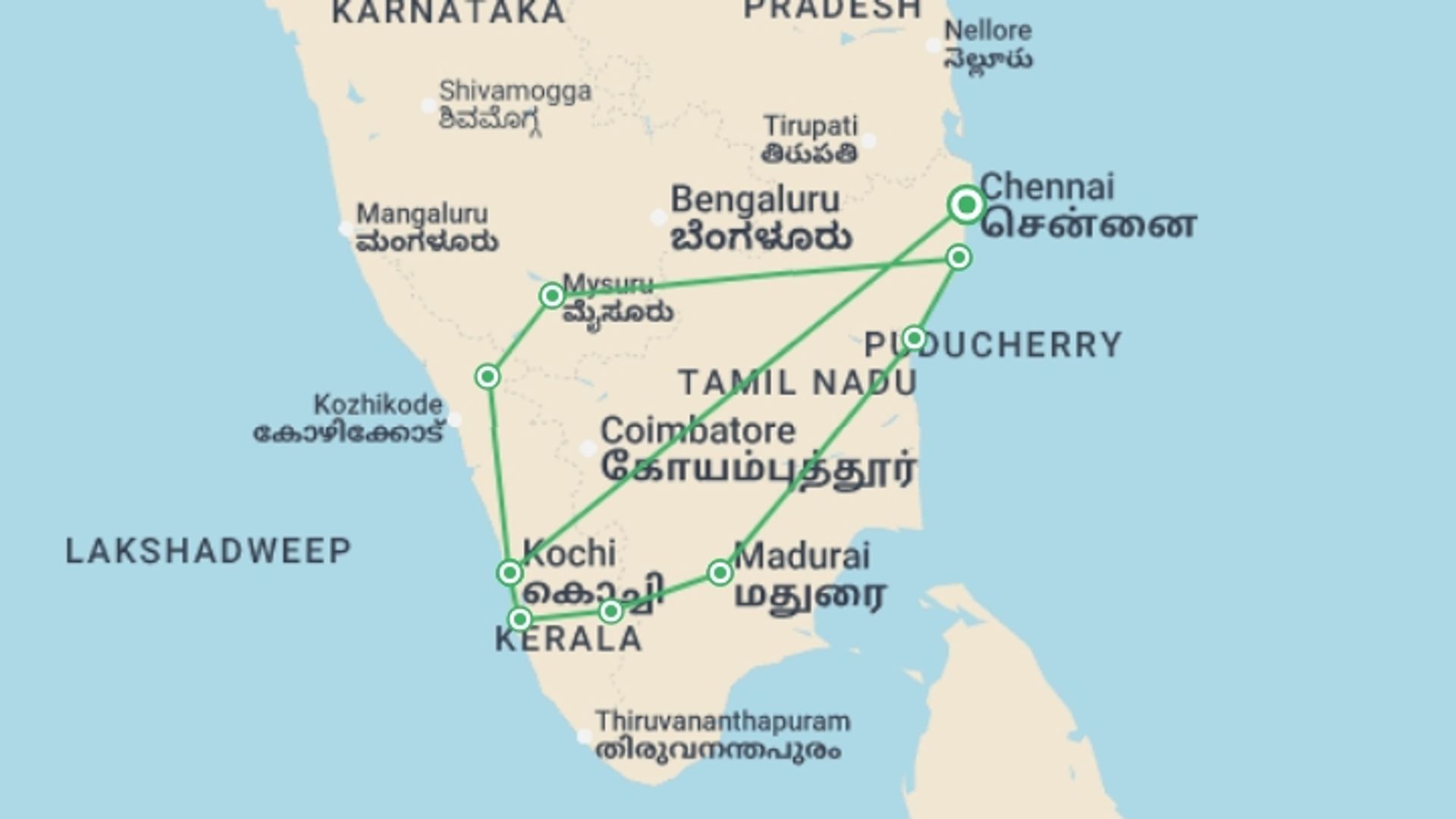 A map showing the tour itinerary for the trip: Best of Southern India, starting in Chennai, India and ending in Chennai, India going through 8 other destinations.