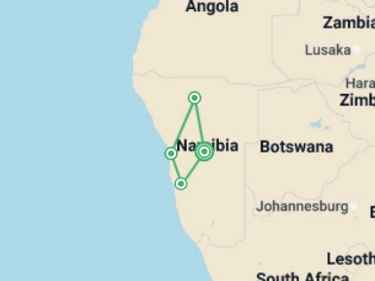 Map itinerary of Namibia Tour in May 2027 with 4 destination visits for the trip: Nomadic Namibia 35 to 45