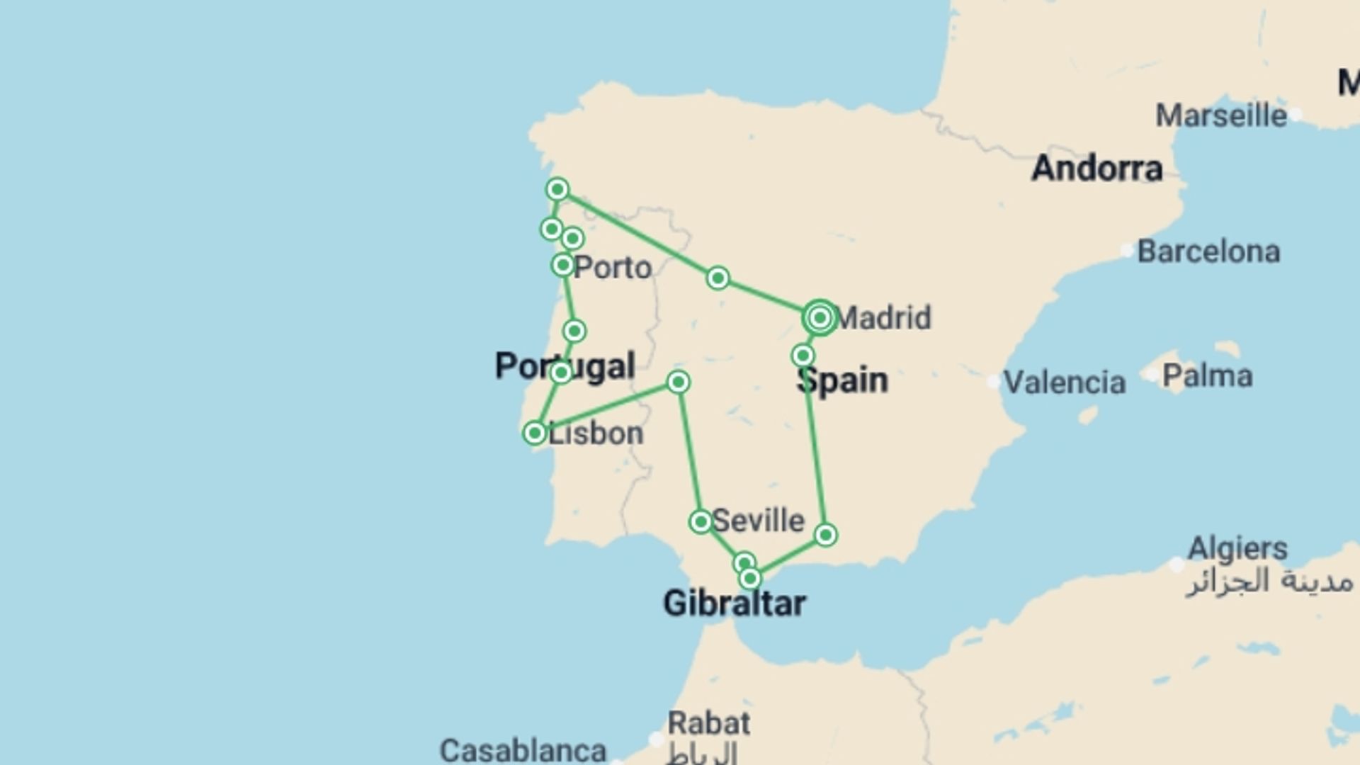 A map showing the tour itinerary for the trip: Castilla, Portugal & Andalucia - 11 days, starting in Madrid, Spain and ending in Madrid, Spain going through 7 other destinations.