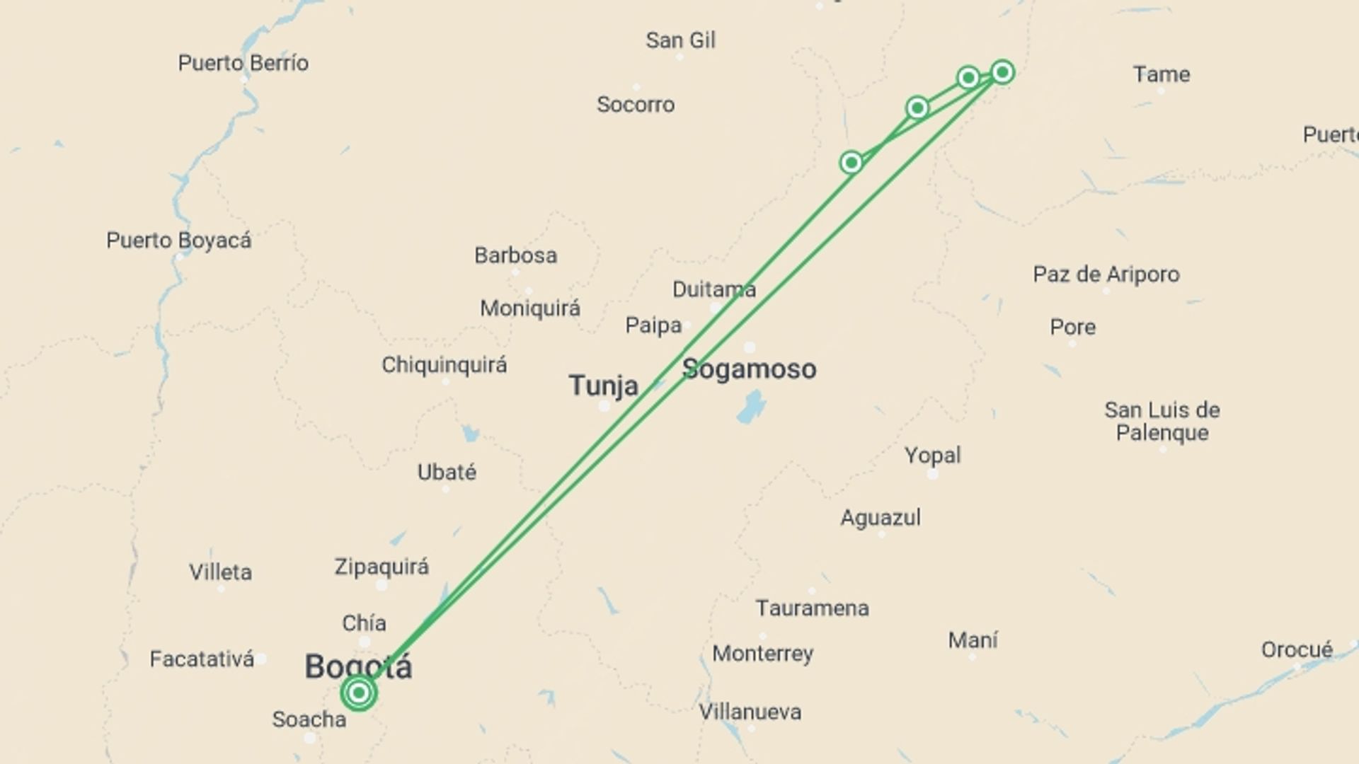 A map showing the tour itinerary for the trip: Trekking In Sierra Nevada del Cocuy, starting in Bogota, Colombia and ending in Bogota, Colombia going through 5 other destinations.