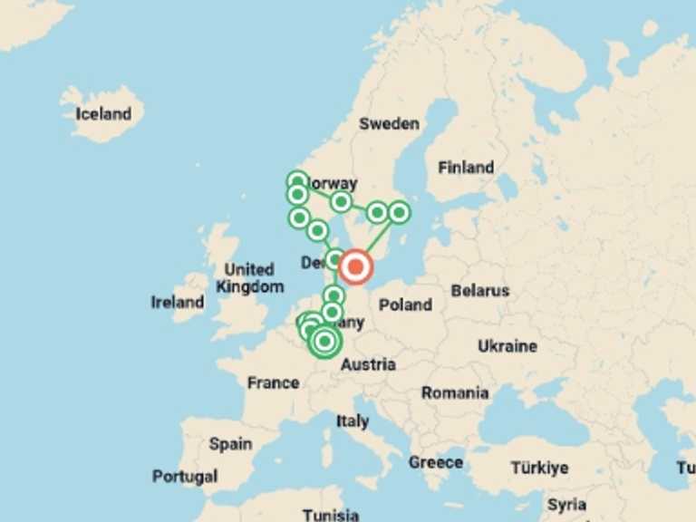 Map of Scandinavia Tour with 9 destination visits for the trip: Beautiful Views End Copenhagen