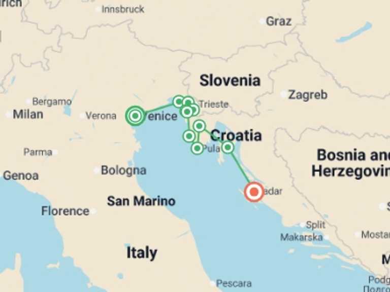 Map itinerary of Venice Tour in Summer with 6 destination visits for the trip: Sailing Italy to Croatia