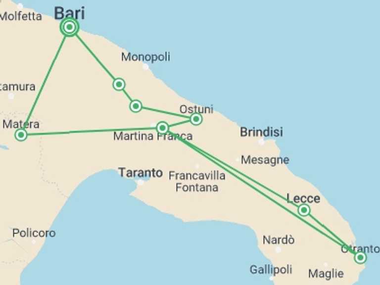 Map of Europe Explorer Tour with 2 destination visits for the trip: Puglia Express: 5 Days of Southern Charm