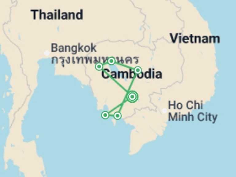 Map itinerary of Asia Tour in Fall with 6 destination visits for the trip: Best of Cambodia