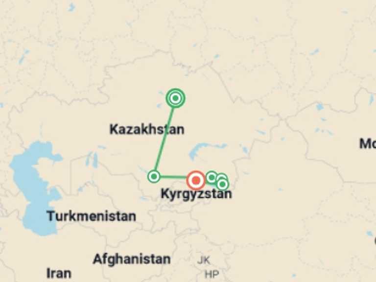 Map itinerary of Bishkek Tour in May 2027 with 6 destination visits for the trip: Kazakhstan & Kyrgyzstan Adventure