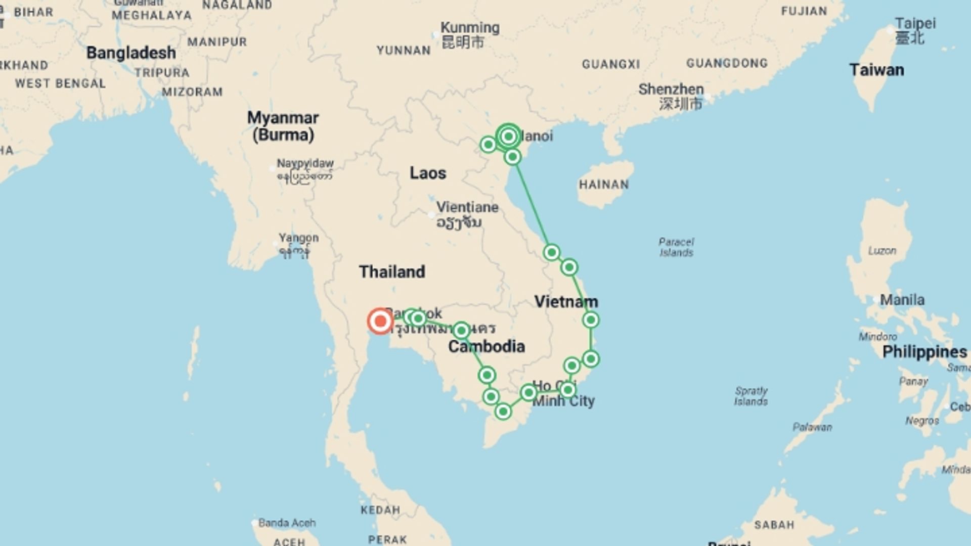 A map showing the tour itinerary for the trip: Cycle South East Asia, starting in Hanoi, Vietnam and ending in Bangkok, Thailand going through 15 other destinations.