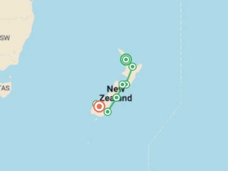 Map itinerary of New Zealand Tour in January 2027 with 6 destination visits for the trip: Exploring New Zealand's Wonders featuring the North & South Islands