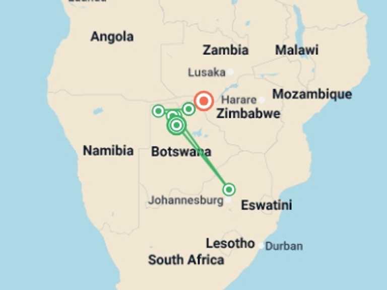 Map of 12-Day Maun Tour with 7 destination visits for the trip: Upgraded - Botswana Wildlife Safari