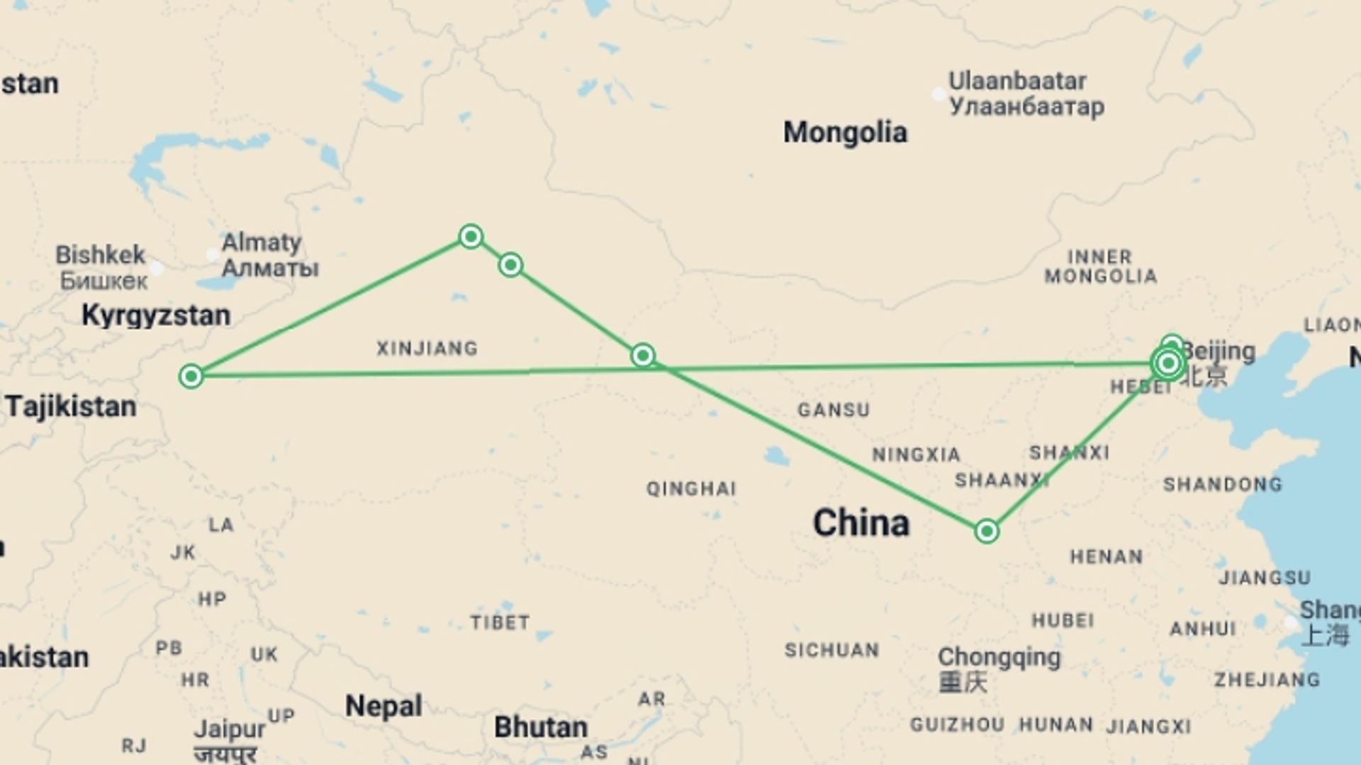 A map showing the tour itinerary for the trip: Secrets of the Silk Road - 14 days, starting in Beijing, China and ending in Beijing, China going through 5 other destinations.