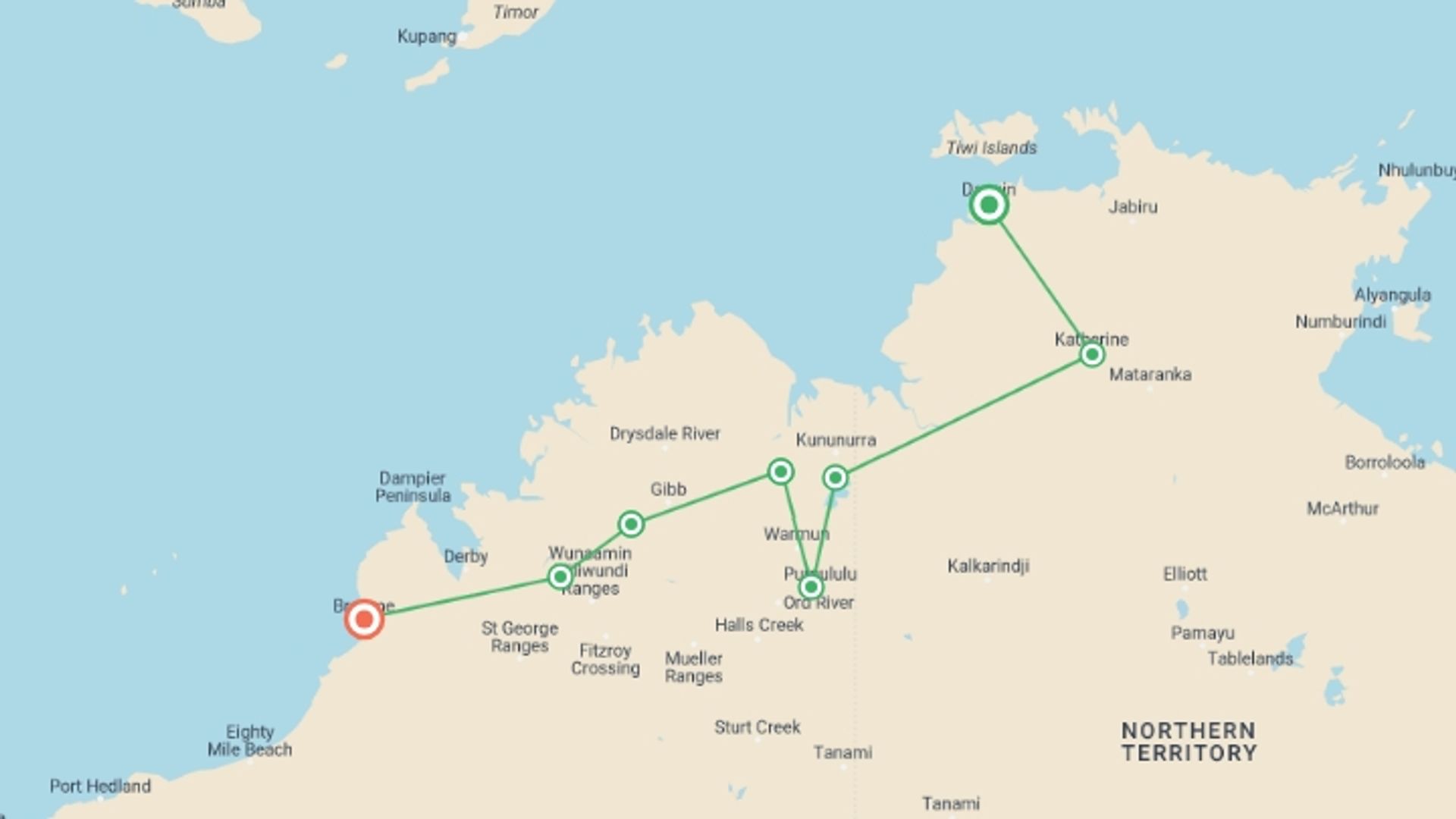 A map showing the tour itinerary for the trip: Darwin to Broome Outback, starting in undefined, Australia and ending in undefined, Australia going through 1 other destinations.