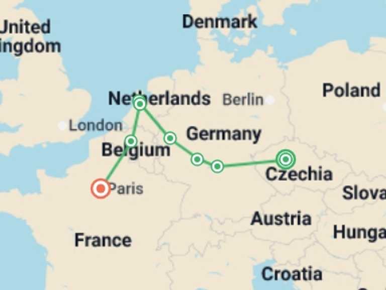 Map of Europe Art and architecture Tour with 5 destination visits for the trip: From Prague to Paris