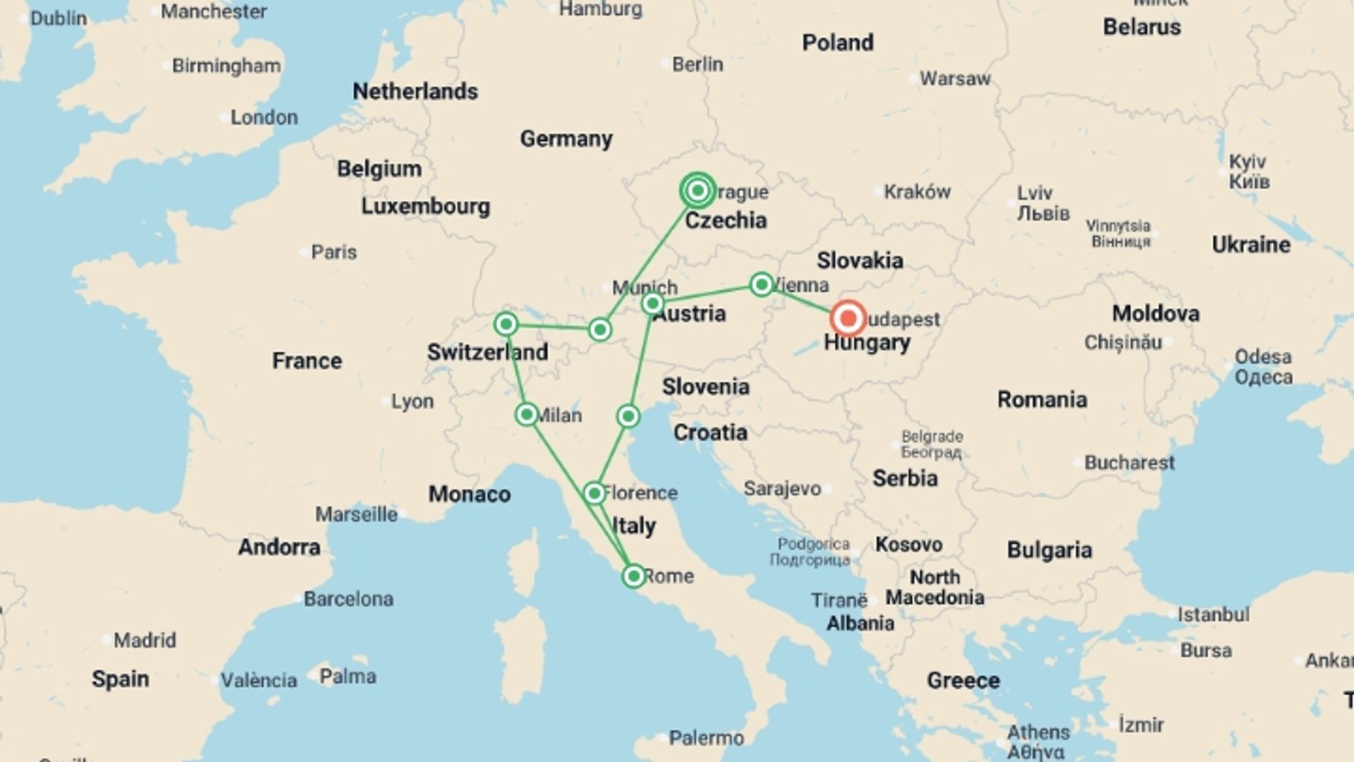 A map showing the tour itinerary for the trip: Once in a Lifetime GO, starting in Prague, Czech Republic and ending in Budapest, Hungary going through 8 other destinations.