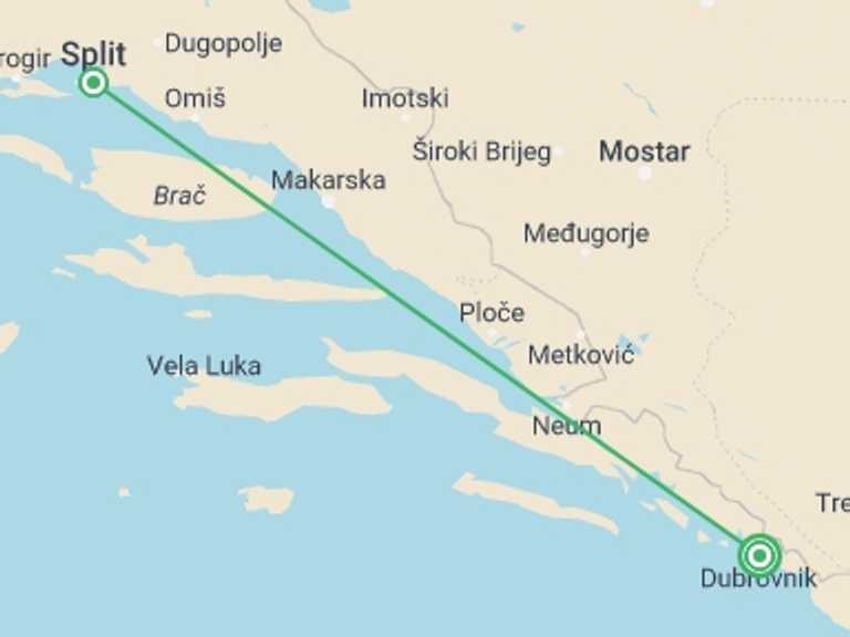 Map itinerary of Split Tour in Summer with 2 destination visits for the trip: Explore Middle & South Dalmatia, Self-drive