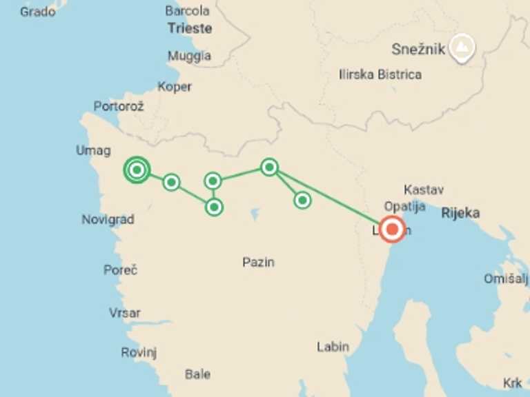 Map itinerary of Europe Tour in May 2026 with 5 destination visits for the trip: Villages of Istria Walk