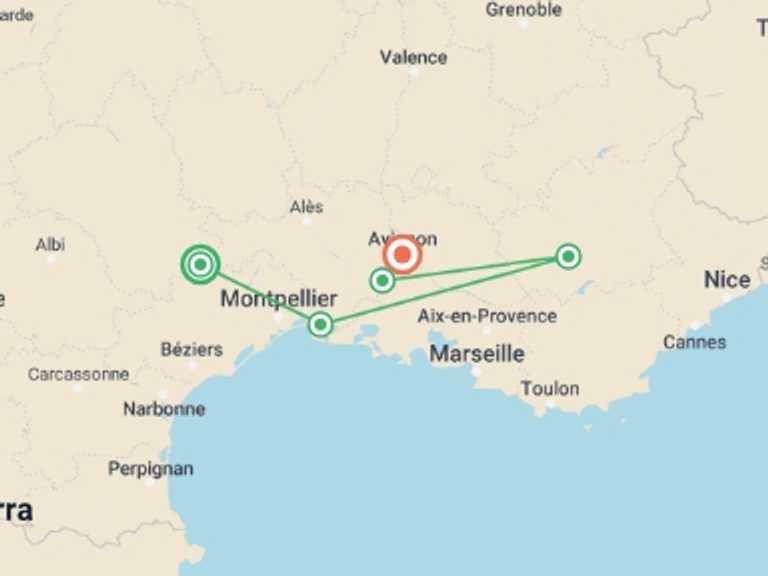 Map of a Christmas markets Tour with 5 destination visits for the trip: Santons and Christmas traditions along the canals of Provence In the footsteps of fortresses and authentic villages