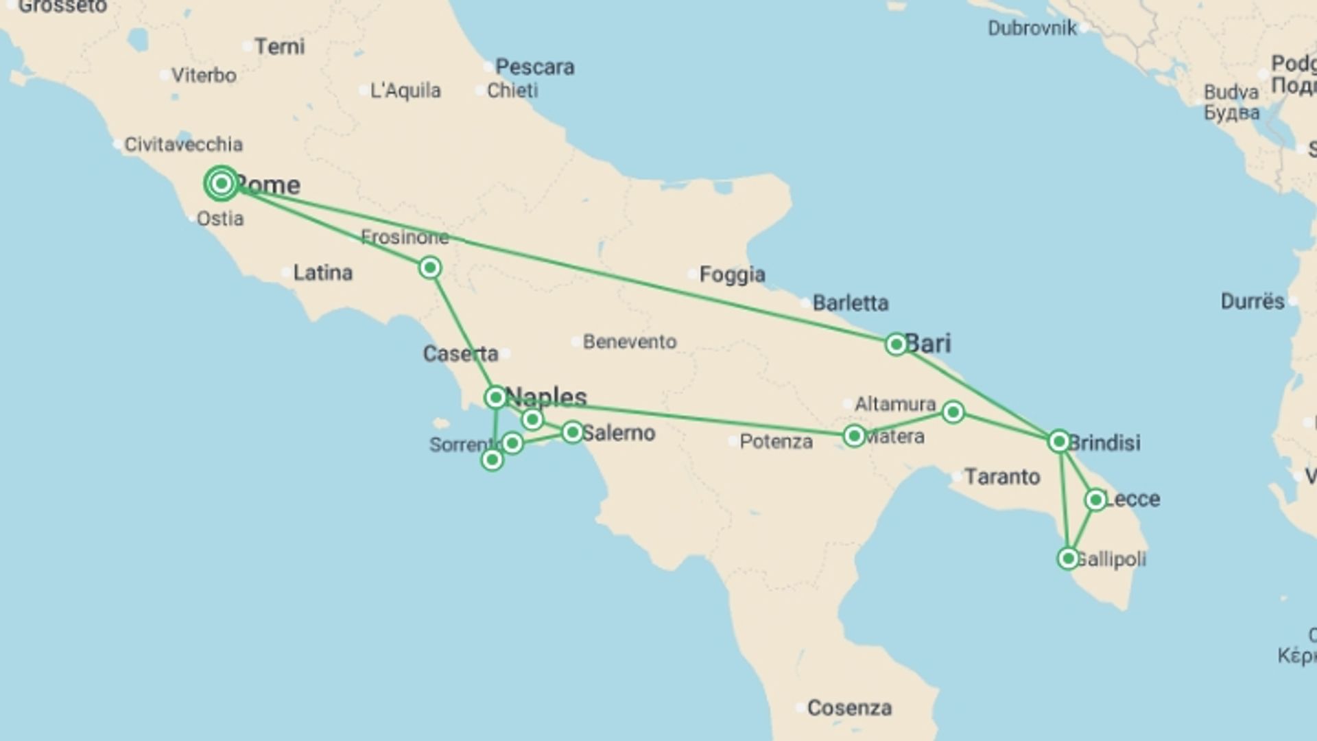 A map showing the tour itinerary for the trip: Beautiful Puglia and Campania, starting in Rome, Italy and ending in Rome, Italy going through 4 other destinations.