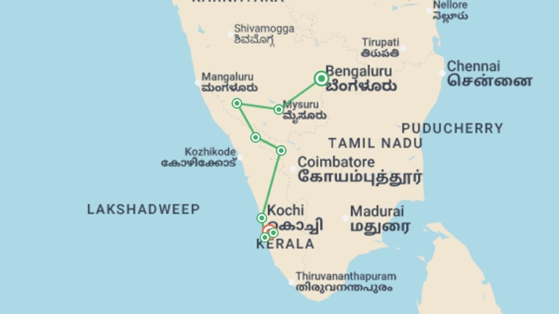 A map showing the tour itinerary for the trip: Discover South India - Premium Adventure, starting in Bangalore, India and ending in Kumarakom, India going through 7 other destinations.
