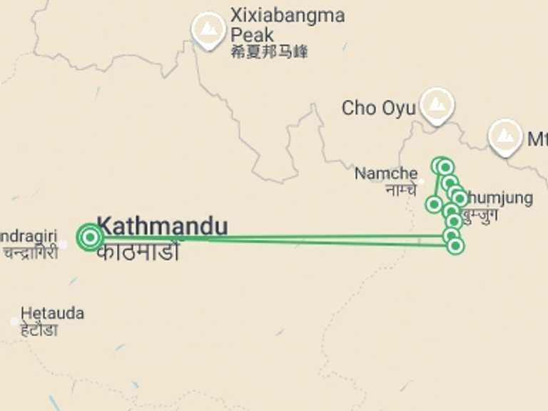 Map of Gokyo Lakes Trek Tour with 14 destination visits for the trip: Gokyo & the Renjo La in Comfort