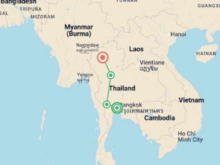 Map itinerary of Asia Tour in April 2027 with 4 destination visits for the trip: Treasures of Thailand
