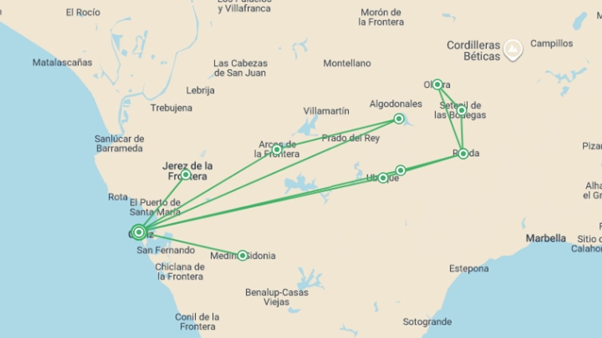 A map showing the tour itinerary for the trip: Andalusia’s White Villages, French-speaking Guide, starting in Cadiz, Spain and ending in Cadiz, Spain going through 2 other destinations.