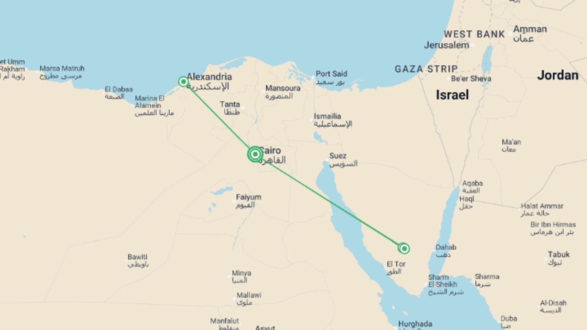 A map showing the tour itinerary for the trip: Biblical Cairo, Alexandria & Sinai - 9 days, starting in Cairo, Egypt and ending in Cairo, Egypt going through 3 other destinations.
