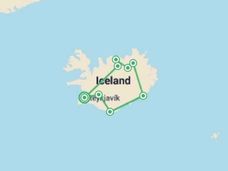 Map of Iceland Tour with 8 destination visits for the trip: Iceland Winter Adventure