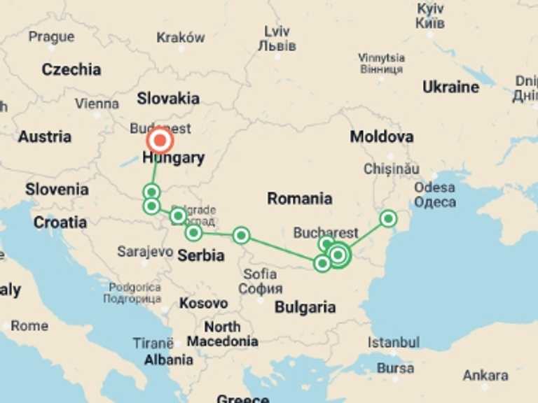 Map of Europe Tour with 9 destination visits for the trip: Along the Danube, the Balkan peninsula and Budapest (port-to-port cruise)