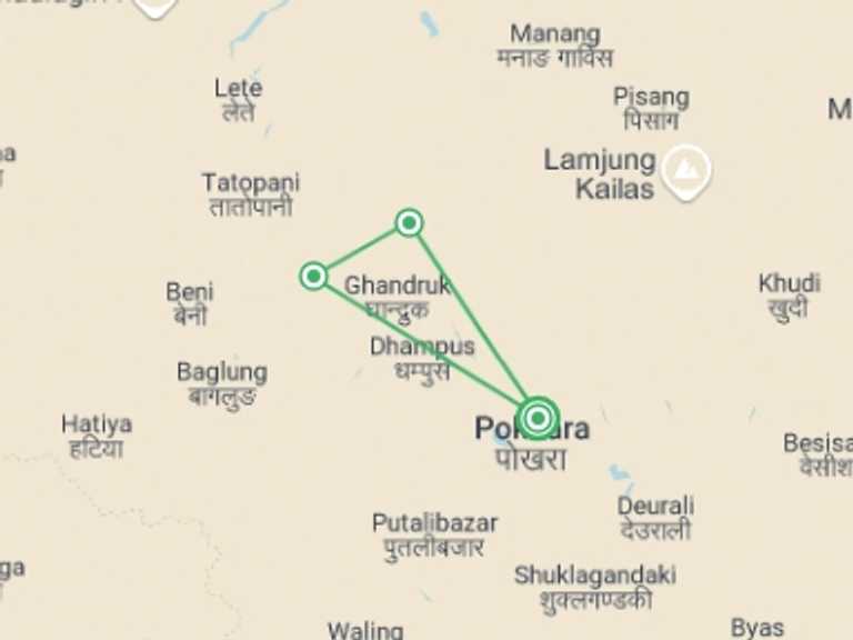 Map itinerary of Nepal Tour in Winter with 3 destination visits for the trip: Poon Hill Trek 3D/2N