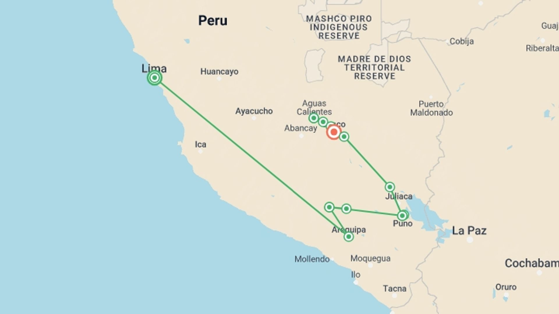 A map showing the tour itinerary for the trip: The Richness Of Southern Peru, starting in Lima, Peru and ending in Cusco, Peru going through 5 other destinations.