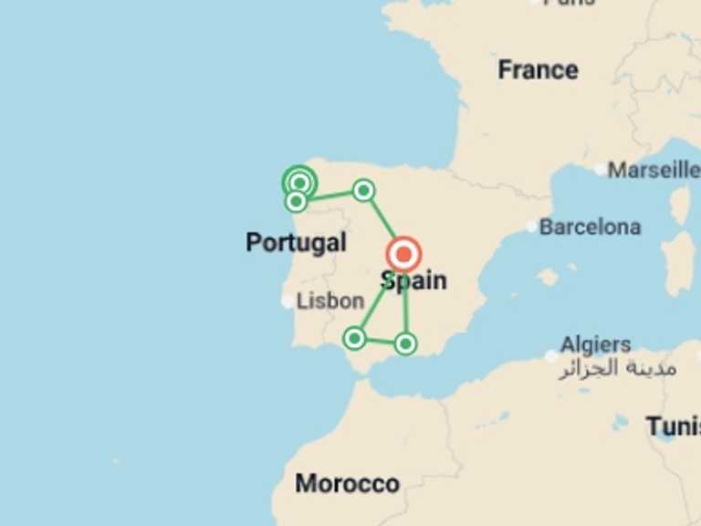 Map itinerary of Europe Tour in May 2026 with 6 destination visits for the trip: Santiago to Seville & Madrid - 8 days