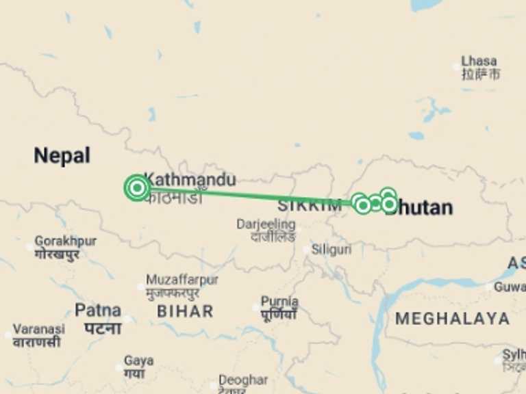 Map itinerary of Nepal Tour in Fall with 6 destination visits for the trip: Festivals of Bhutan – Black Crane
