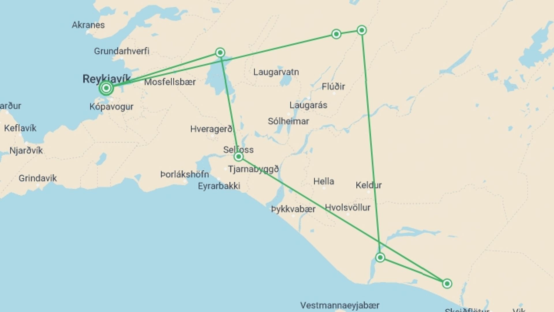 A map showing the tour itinerary for the trip: Iceland Northern Lights Adventure, starting in Reykjavik, Iceland and ending in Reykjavik, Iceland going through 4 other destinations.