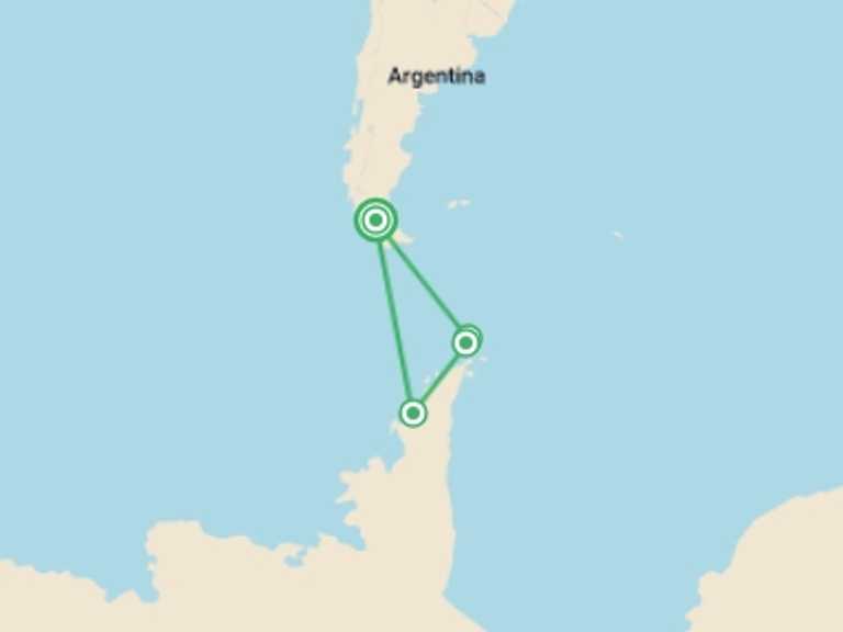 Map itinerary of South America Tour in January 2027 with 5 destination visits for the trip: Antarctic Express: Crossing the Circle