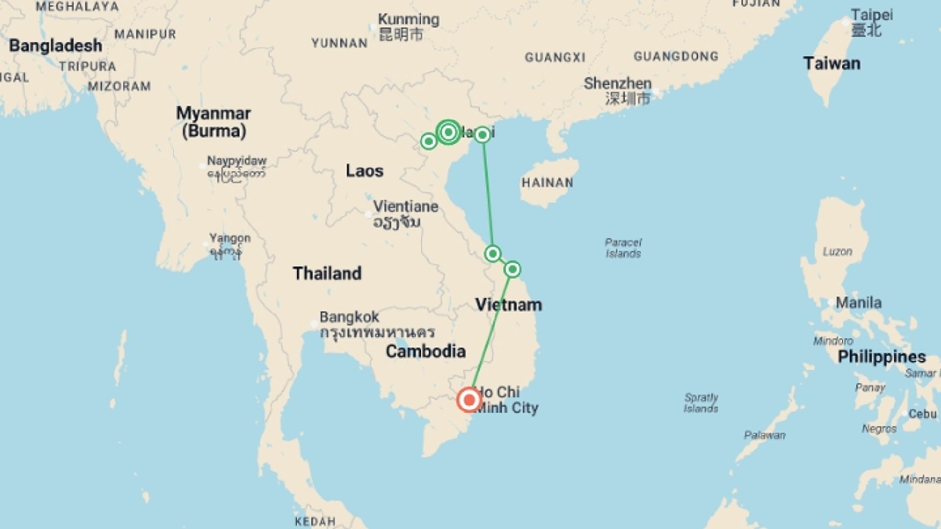 A map showing the tour itinerary for the trip: Journeys: Explore Vietnam, starting in Hanoi, Vietnam and ending in Ho Chi Minh City, Vietnam going through 4 other destinations.