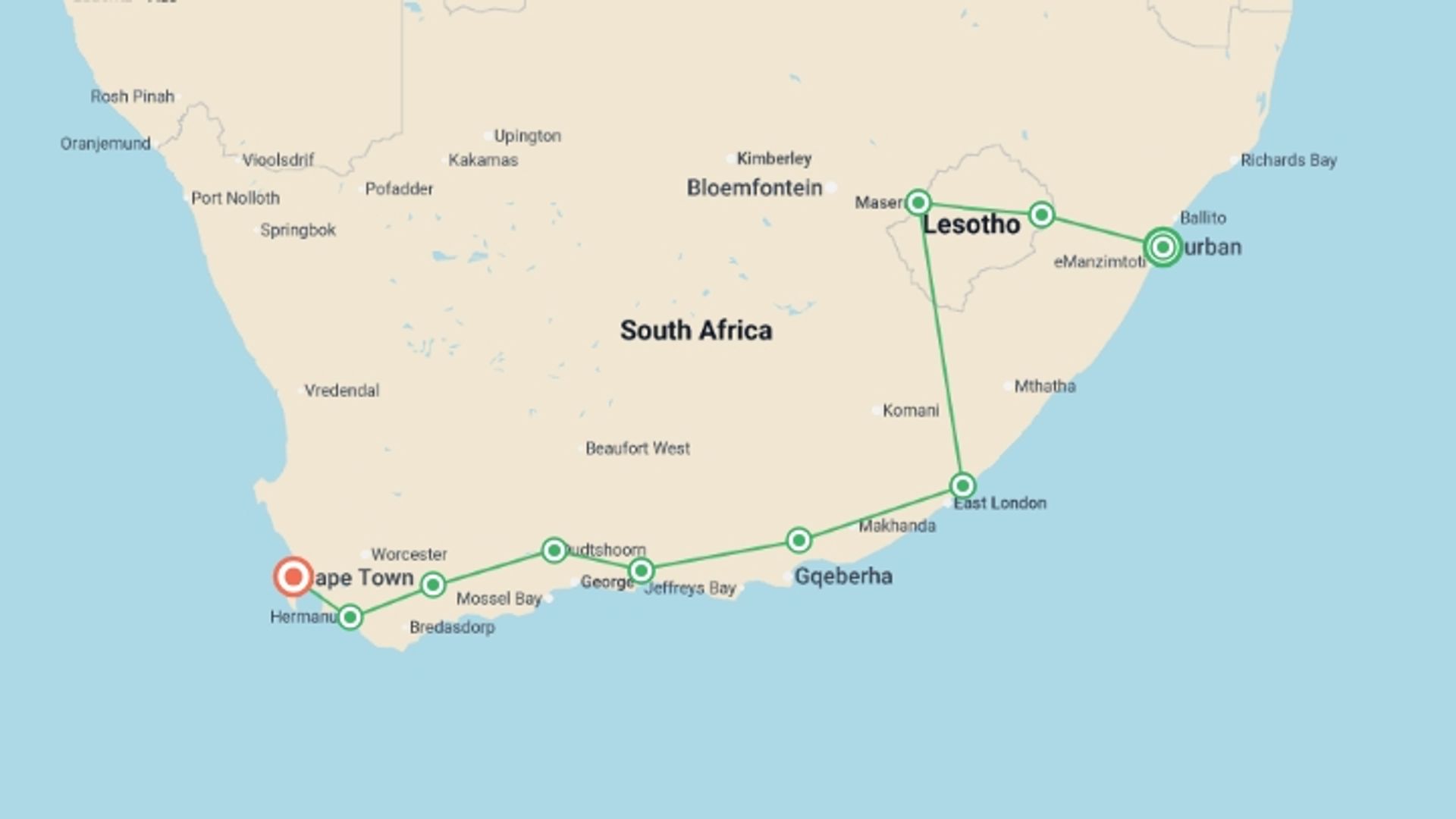 A map showing the tour itinerary for the trip: Garden Route Adventure, starting in Durban, South Africa and ending in Cape Town, South Africa going through 9 other destinations.