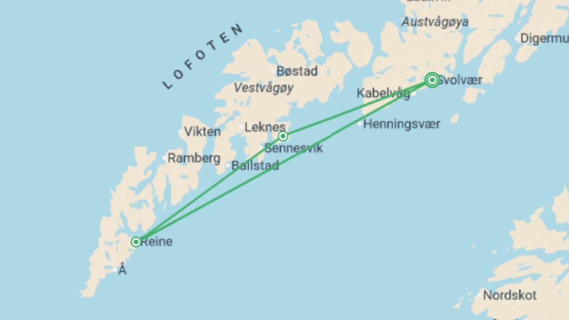 A map showing the tour itinerary for the trip: Hiking Norway's Lofoten Islands, starting in Svolvær, Norway and ending in Svolvær, Norway going through 3 other destinations.