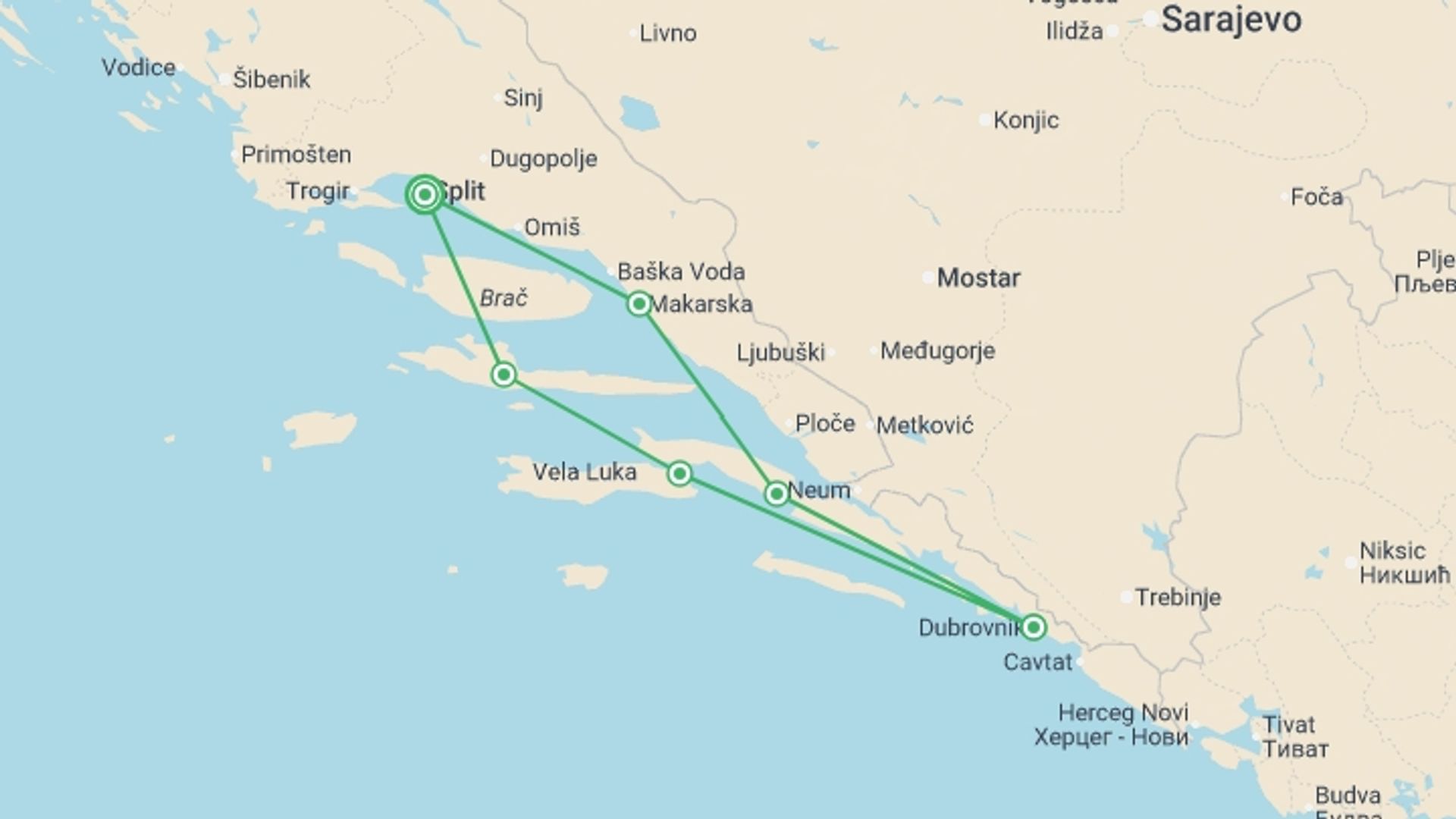 A map showing the tour itinerary for the trip: Croatia Island Sail, starting in Split, Croatia and ending in Split, Croatia going through 0 other destinations.